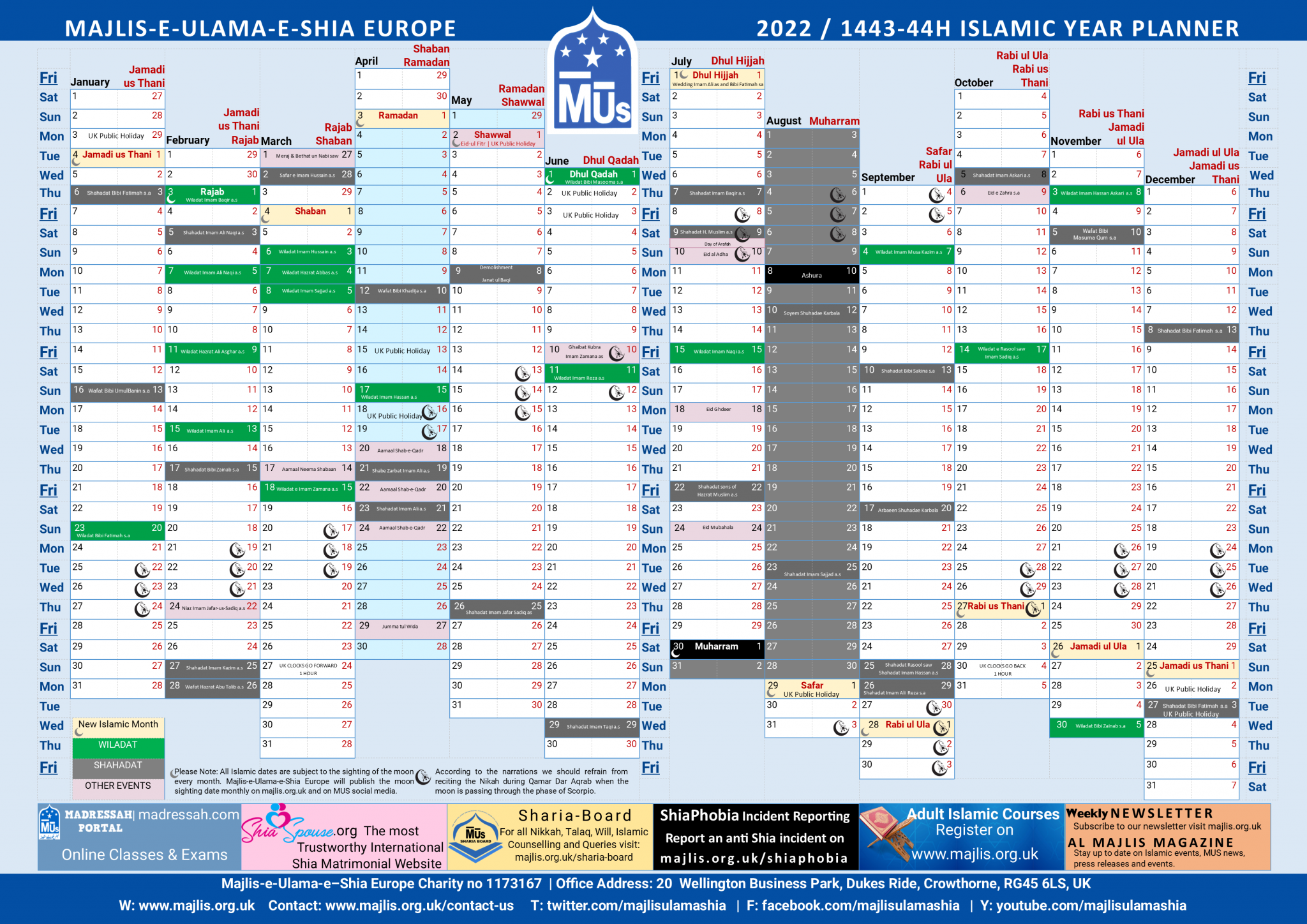 Shia Islamic Calendar 2022 Majlis E Ulama E Shia Europe